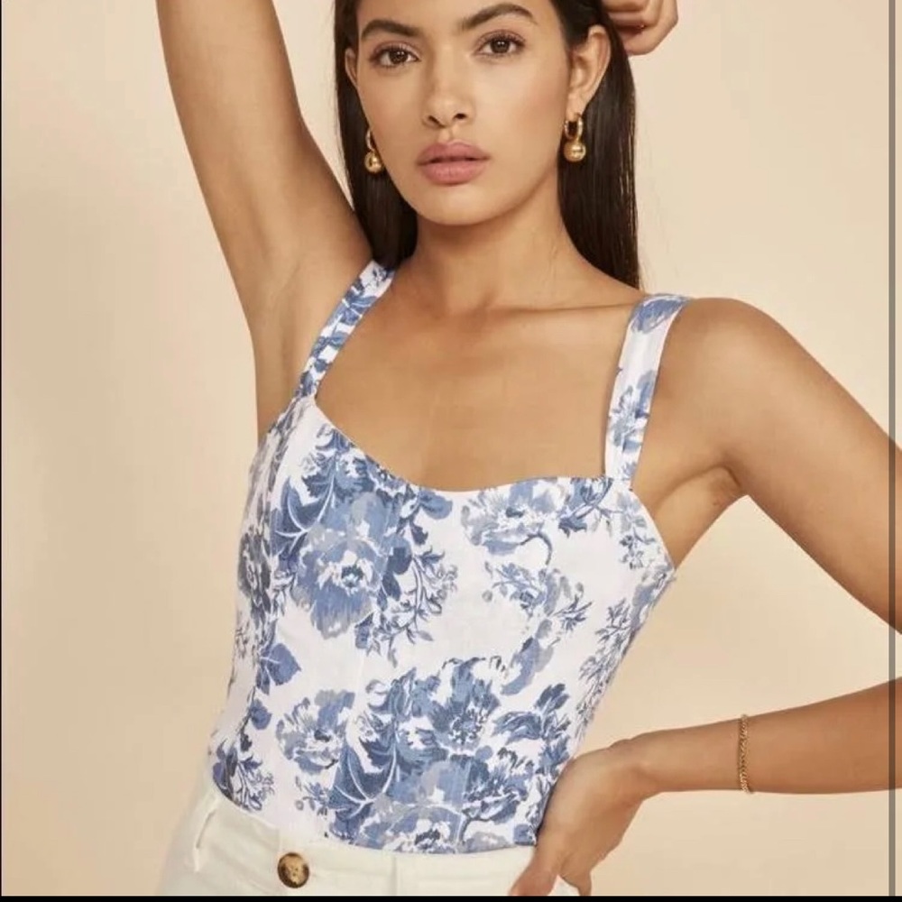 Reformation Blue and White Floral Linen Corset Top